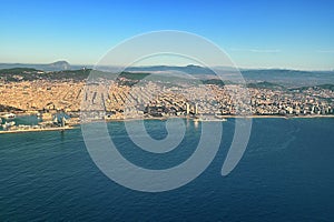 Panoramic aerial view at sunrise of Barcelona city Spain