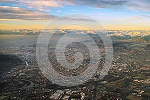 Panoramic aerial view at sunrise of Turin city Italy