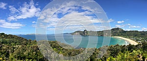Panoramic aerial view of Taupo Bay in Northland, New Zealand