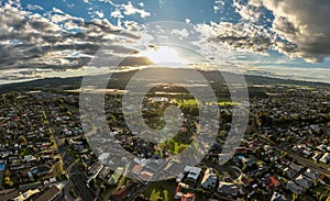 Panoramic aerial view of Te Puke at sunrise in summer. Bay of Plenty, New Zealand