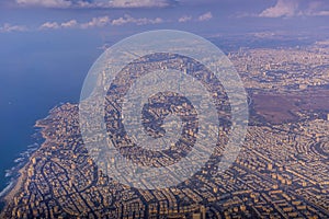 The panoramic aerial view of Tel Aviv downtown and Mediterranean coastline.