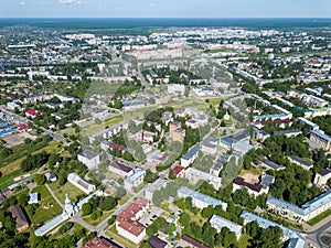 Panoramic aerial view of theVelikiy Novgorod or Great Novgorod town. Modern part of ancient city