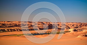 Panoramic Aerial view to Djiara, Ahoita, Daleyala and Boukkou lakes group of Ounianga Serir lakes at the Ennedi, Chad