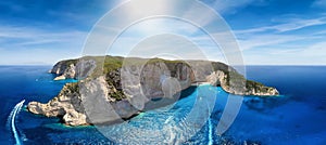 Panoramic aerial view to the famous Shipwreck Beach Navagio on Zakynthos island, Greece