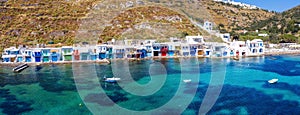 Panoramic, aerial view to the small fishing village of Klima, Milos island, Cyclades, Greece