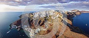 Panoramic aerial view to the village Oia on top of the caldera in Santorini, Greece