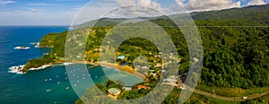 Panoramic aerial view of the Tobago island from above