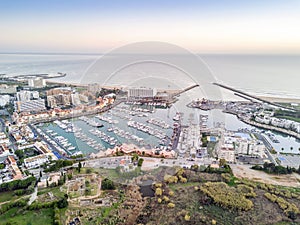 Panoramic, aerial view of touristic Vilamoura in Algarve, Portugal