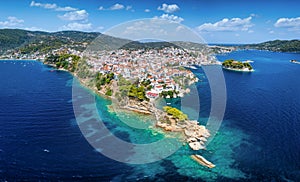 Panoramic aerial view of the town of Skiathos island, Sporades