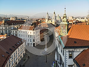 Panoramic aerial view of Town Square in Ljubljana, capital of Slovenia, at sunset. Empty streets of Slovenian capital