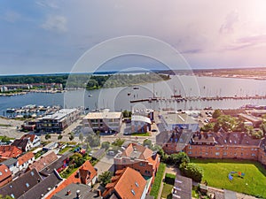 Panoramic aerial view of Travemunde cityscape on a clear sunny day, Lubeck District - Germany