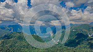 Panoramic aerial view of tropical forest and mountains near Gunung Mulu national park. Borneo. Sarawak.