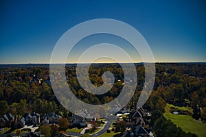 Panoramic aerial view of an upscale subdivision in Suburbs of Atlanta.