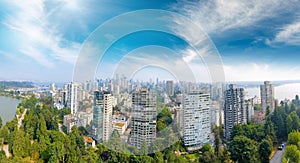 Panoramic aerial view of Vancouver cityscape from Stanley Park,