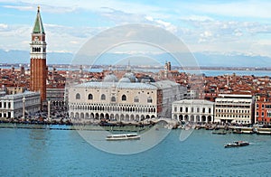 panoramic aerial view of venice cityscape showing san marco and boats in the sea