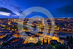 Panoramic aerial view of Verona, Italy at blue hour, after summer sunset