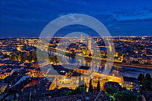 Panoramic aerial view of Verona, Italy at blue hour, after summer sunset