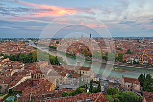 Panoramic aerial view of Verona, Italy after summer sunset, cloudy sky