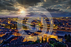 Panoramic aerial view of Verona, Italy at summer sunset