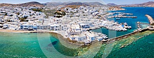 Panoramic aerial view of the village of Naousa, north Paros, Cyclades, Greece