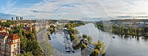 Panoramic aerial view of Vltava River with Port of Podoli - Prague, Czech Republic