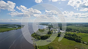 Panoramic aerial view of the Volkhov River and Lake Ilmen near Veliky Novgorod, natural attractions