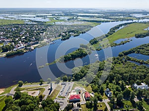 Panoramic aerial view of the Volkhov river in Velikiy Novgorod or Great Novgorod