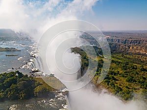 Panoramic aerial view of a waterfall in Victoria Falls, Zambia-Zimbabwe