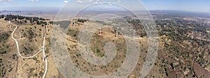 Panoramic aerial view of wind turbines or windmills in Kenya near Nairobi