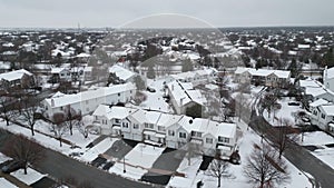 panoramic aerial view of a winter Naperville city with a private sector . Wide drone shot