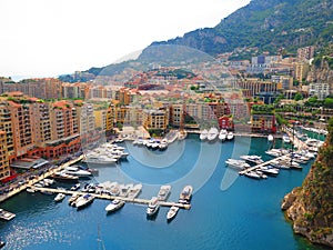 Panoramic aerial view of the yacht pier in Monte Carlo, Monaco. Azur coast.