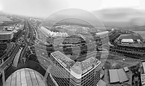 Panoramic aerial view of Yas Island skyscrapers