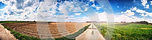 Panoramic agricultural landscape with plowed field