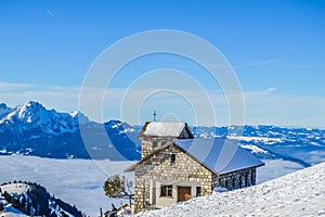 Panoramic alipne and snow view from Mount Rigi Kulm near Vitznau Switzerland