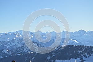 Panoramic alipne and snow view from Mount Rigi Kulm near Vitznau Switzerland