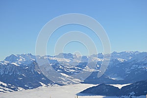 Panoramic alipne and snow view from Mount Rigi Kulm near Vitznau Switzerland