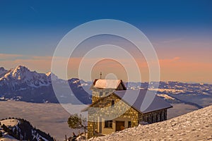 Panoramic alipne and snow view from Mount Rigi Kulm near Vitznau Switzerland