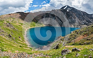 Panoramic alpine landscape with mountain lake in green valley