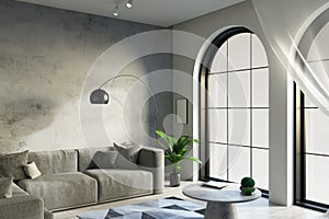 Panoramic arched window and sofa