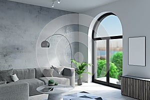 Panoramic arched window and sofa