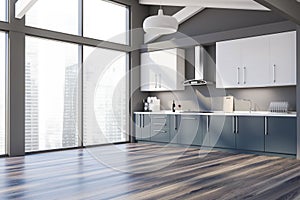 Panoramic attic gray kitchen with countertops
