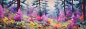 Panoramic autumn forest landscape. Untouched nature. Digital oil painting, impasto. Horizontal printable wall art