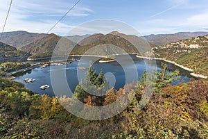 Panoramic Autumn ladscape of The Vacha Antonivanovtsi Reservoir, Rhodope Mountains, Bulgaria