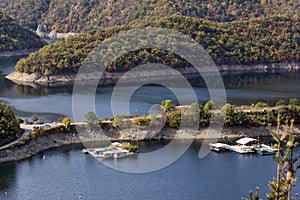 Panoramic Autumn ladscape of The Vacha Antonivanovtsi Reservoir, Rhodope Mountains, Bulgaria