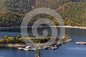 Panoramic Autumn ladscape of The Vacha Antonivanovtsi Reservoir, Rhodope Mountains, Bulgaria