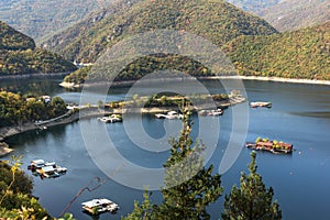 Panoramic Autumn ladscape of The Vacha Antonivanovtsi Reservoir, Rhodope Mountains, Bulgaria