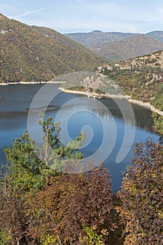 Panoramic Autumn ladscape of The Vacha Antonivanovtsi Reservoir, Rhodope Mountains, Bulgaria