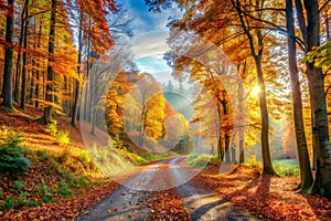 Panoramic autumn landscape with forest path