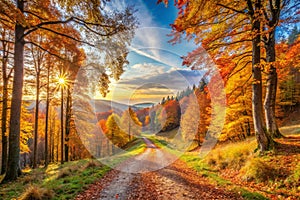Panoramic autumn landscape with forest path