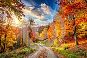 Panoramic Autumn Landscape with Forest Path